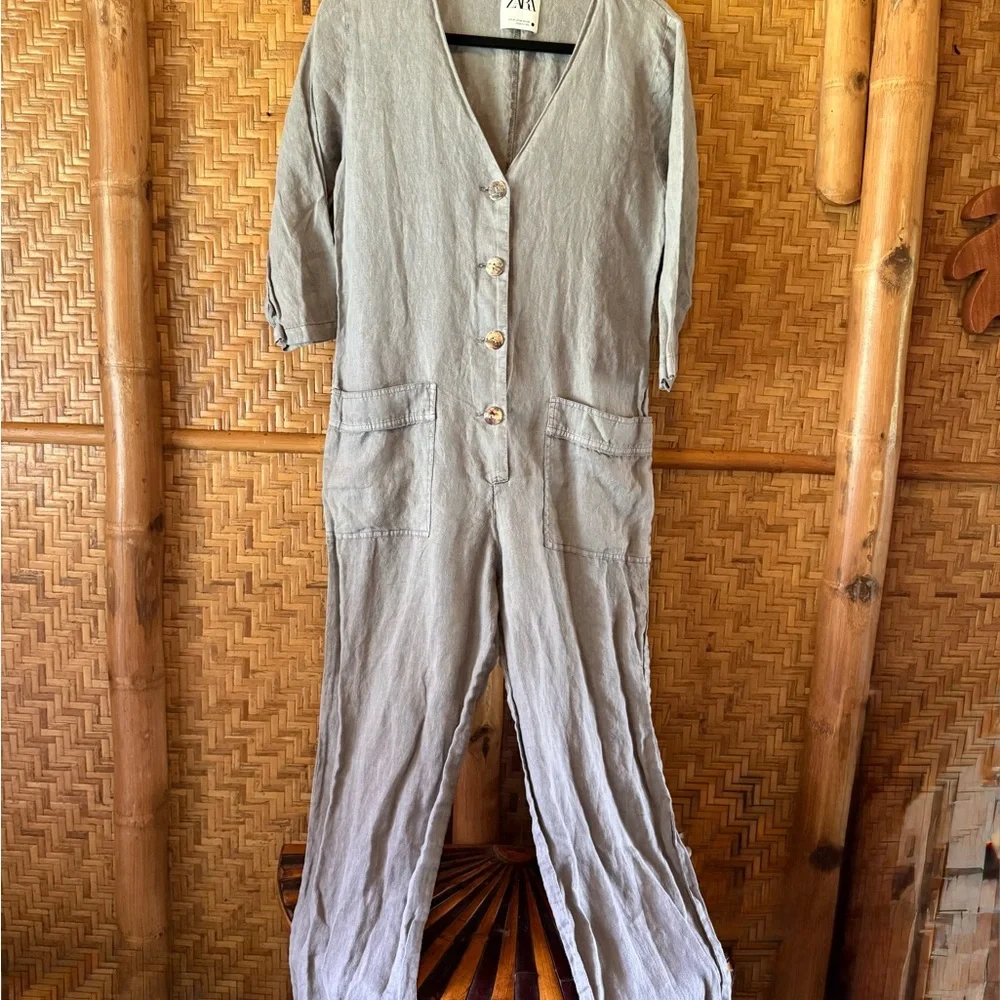 Zara gray Lillian linen Button Front Jumpsuit medium